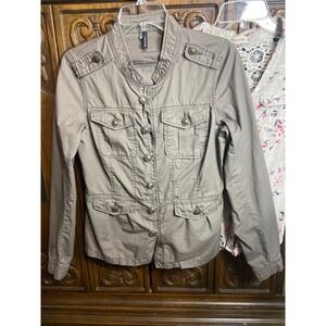 Maurices Womens Small Utility Jacket Brown Military Button Front Cotton Peplum